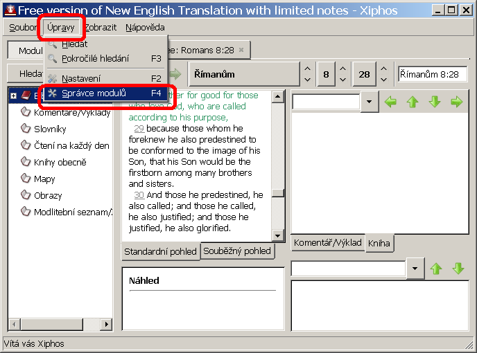 Vstup do správce modulů